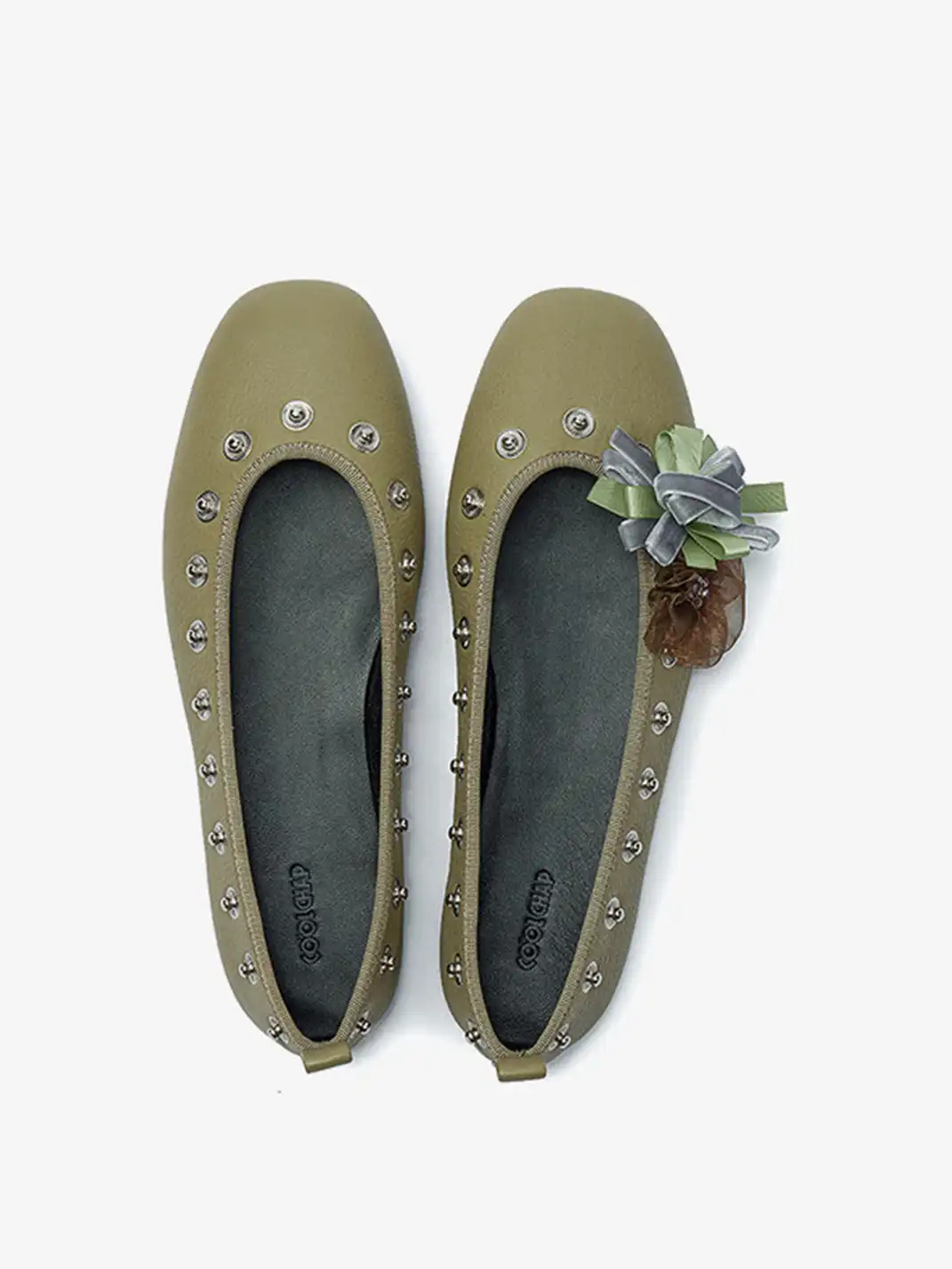 COOLCHAP | Square-Toe Flat Shoes with Studded Detailing & Fabric Flower Accents