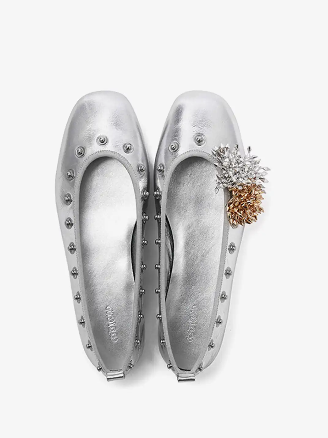 COOLCHAP | Square-Toe Flat Shoes with Studded Detailing & Fabric Flower Accents