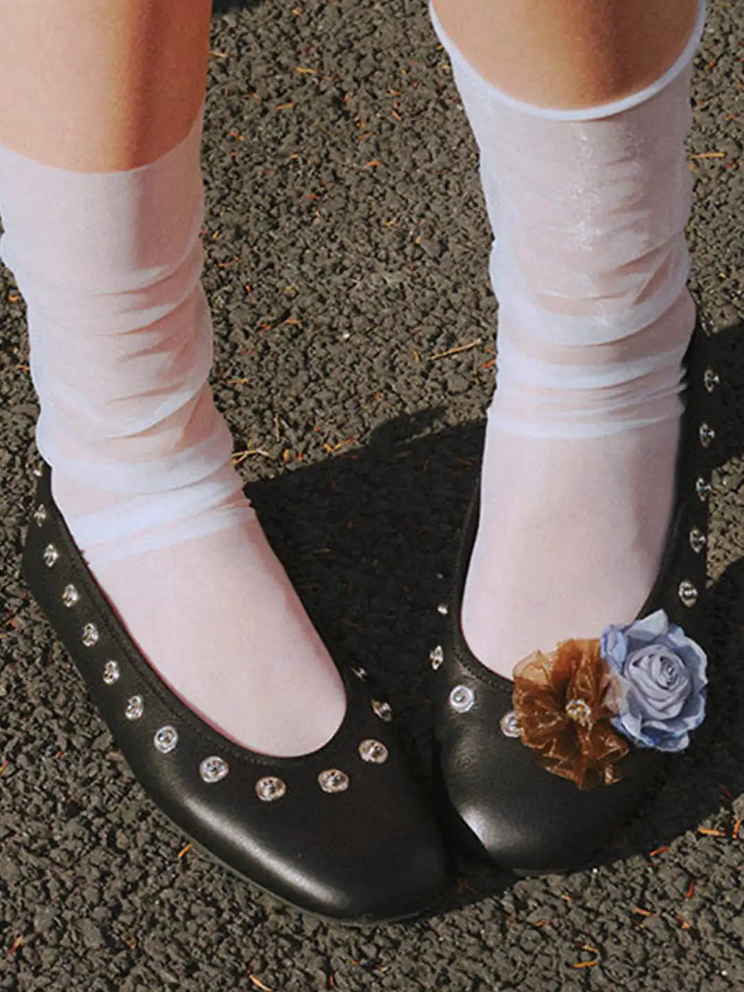 COOLCHAP | Square-Toe Flat Shoes with Studded Detailing & Fabric Flower Accents