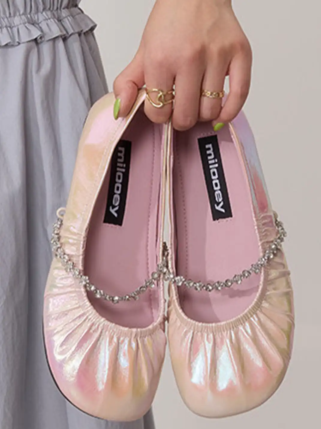 MILU | Ballet Flats With A Single Strap And Rhinestone Chain