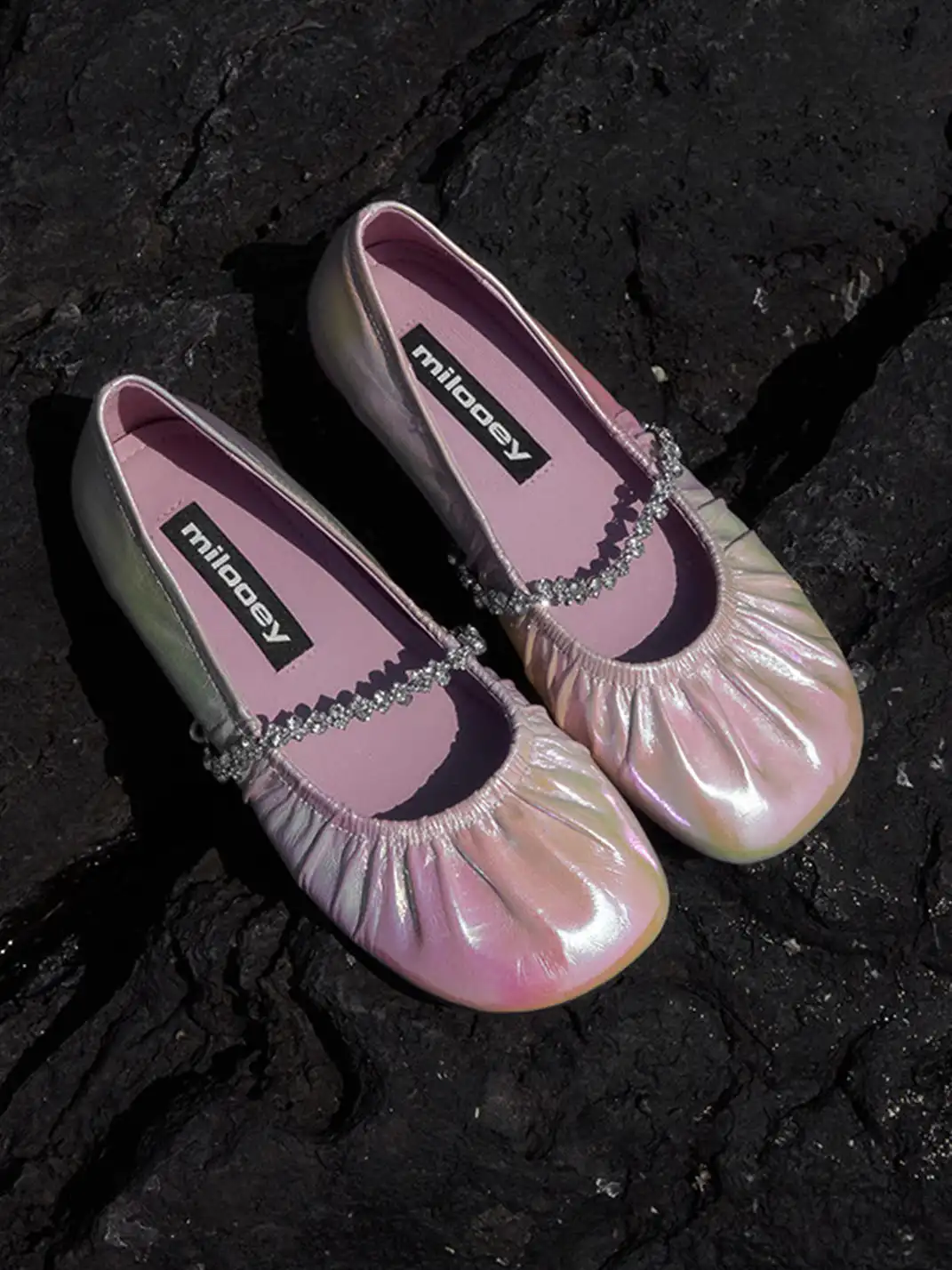 MILU | Ballet Flats With A Single Strap And Rhinestone Chain