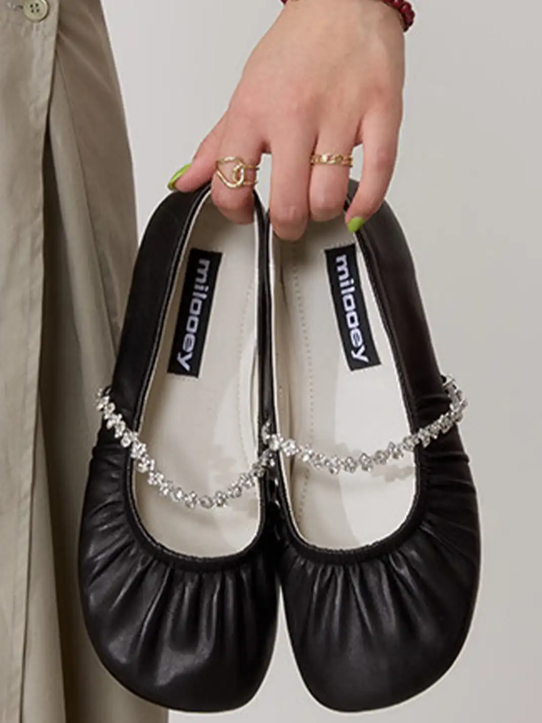 MILU | Ballet Flats With A Single Strap And Rhinestone Chain