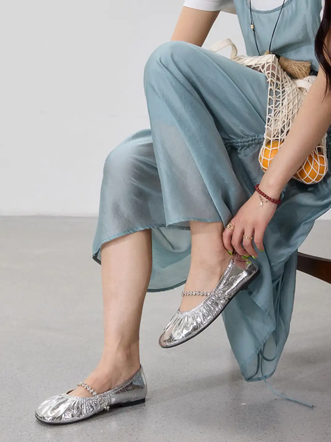 MILU | Ballet Flats With A Single Strap And Rhinestone Chain