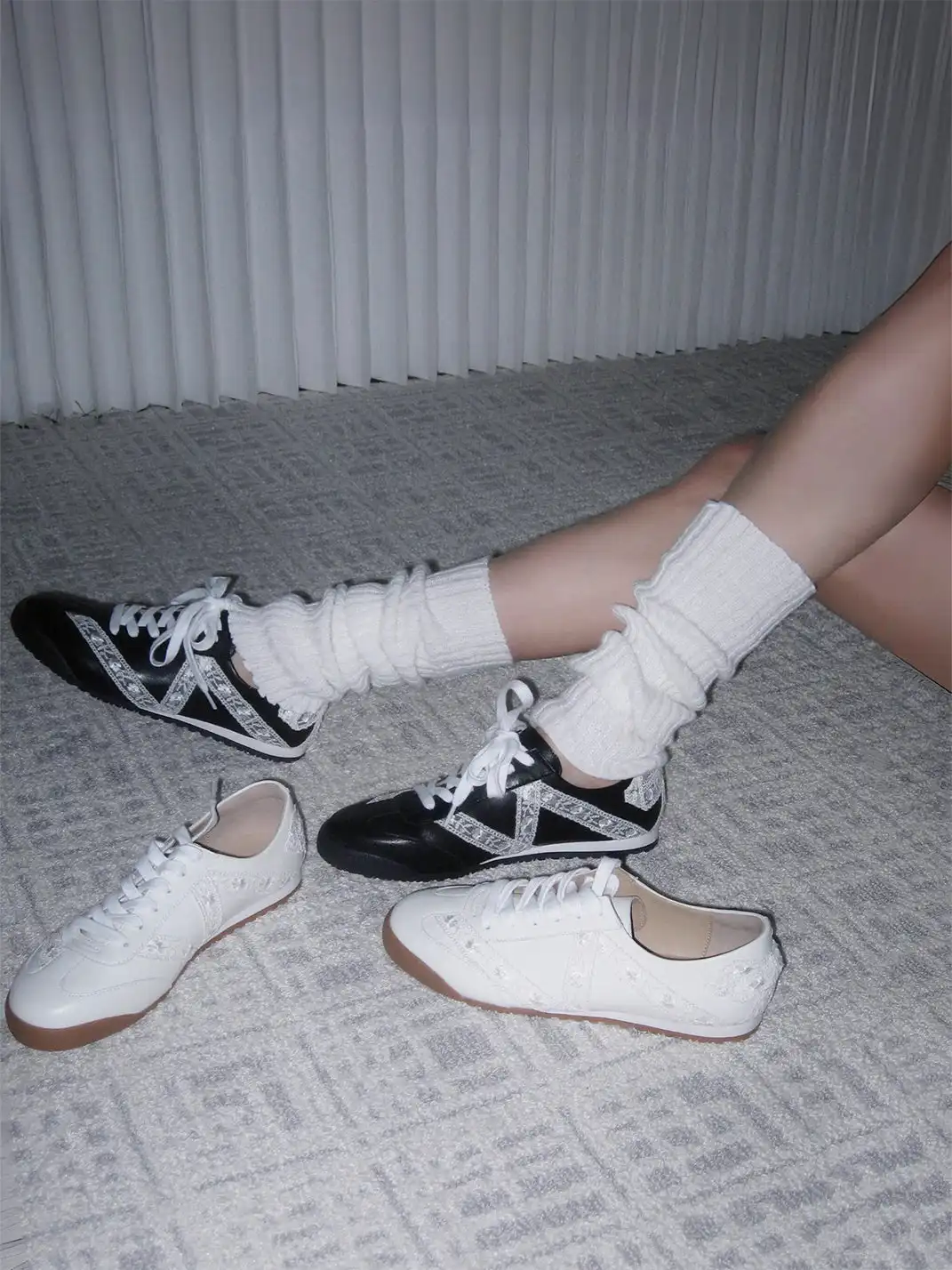ElegiFemme | Leather Low-Top Sneakers with Floral Lace Trim