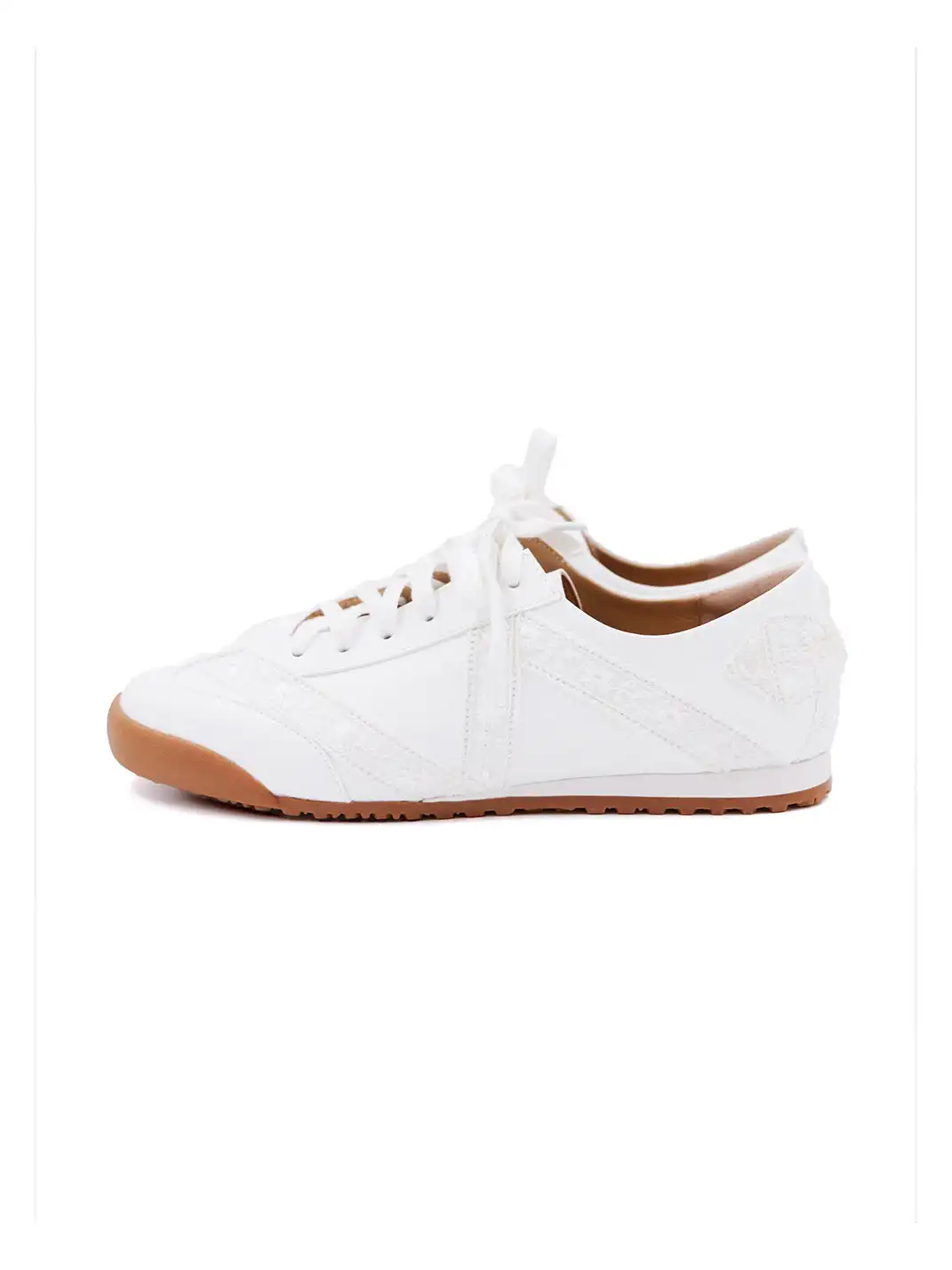 ElegiFemme | Leather Low-Top Sneakers with Floral Lace Trim