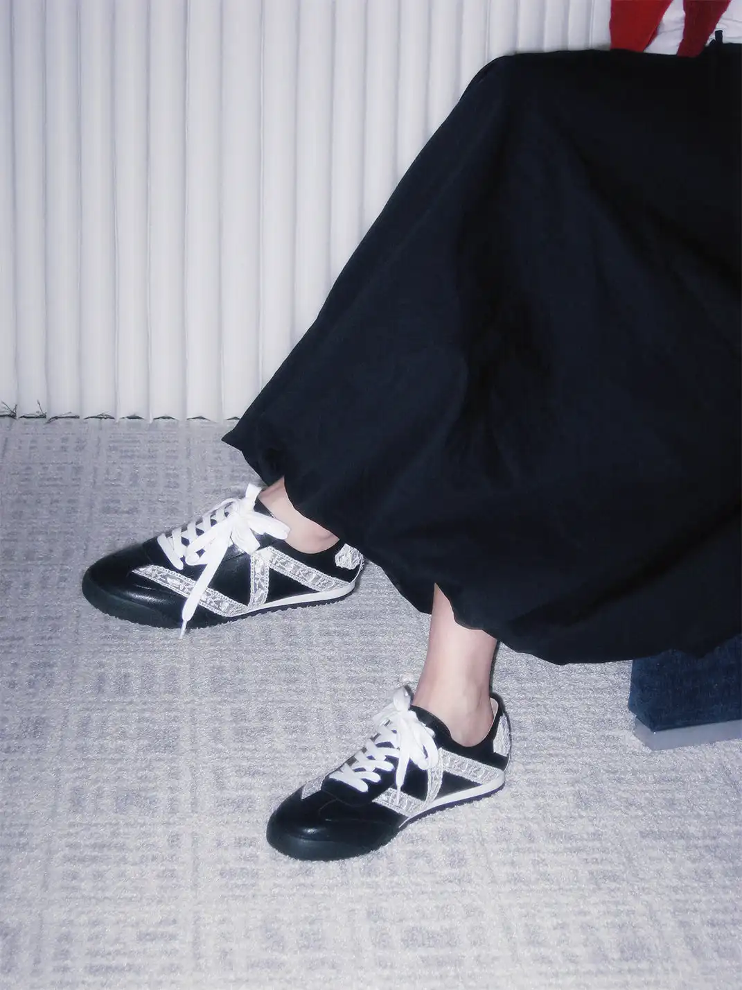 ElegiFemme | Leather Low-Top Sneakers with Floral Lace Trim