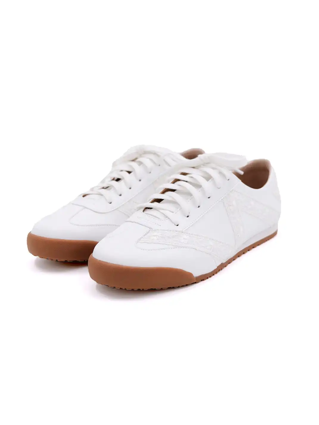 ElegiFemme | Leather Low-Top Sneakers with Floral Lace Trim