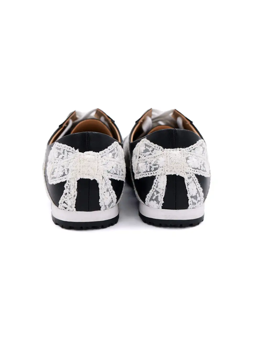 ElegiFemme | Leather Low-Top Sneakers with Floral Lace Trim