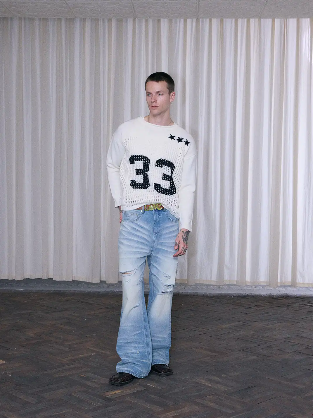 Ins Gale | Hollow-Out Number Jersey Sweater