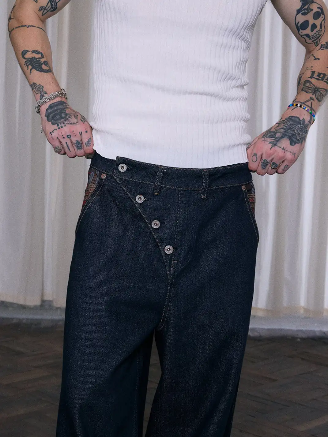 Ins Gale | Asymmetrical Plaid Patchwork Straight-Leg Jeans
