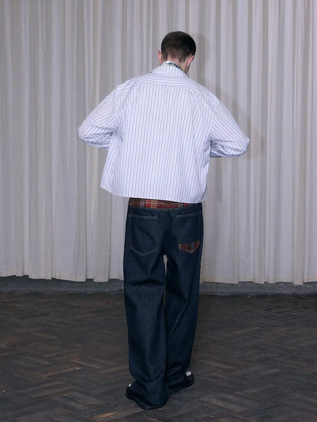 Ins Gale | Asymmetrical Plaid Patchwork Straight-Leg Jeans
