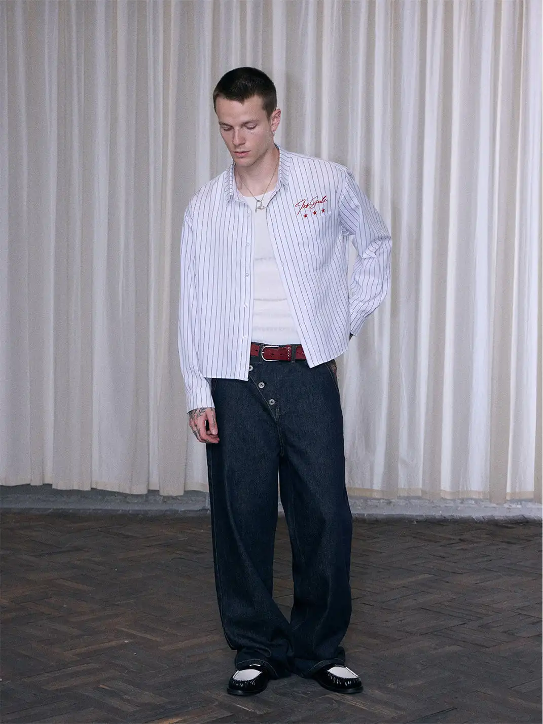 Ins Gale | Asymmetrical Plaid Patchwork Straight-Leg Jeans