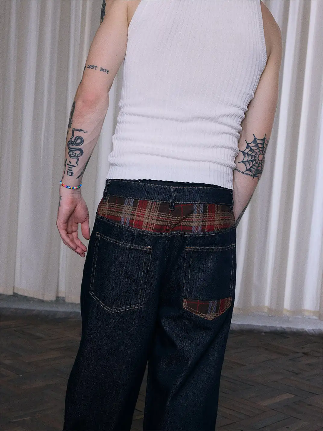 Ins Gale | Asymmetrical Plaid Patchwork Straight-Leg Jeans