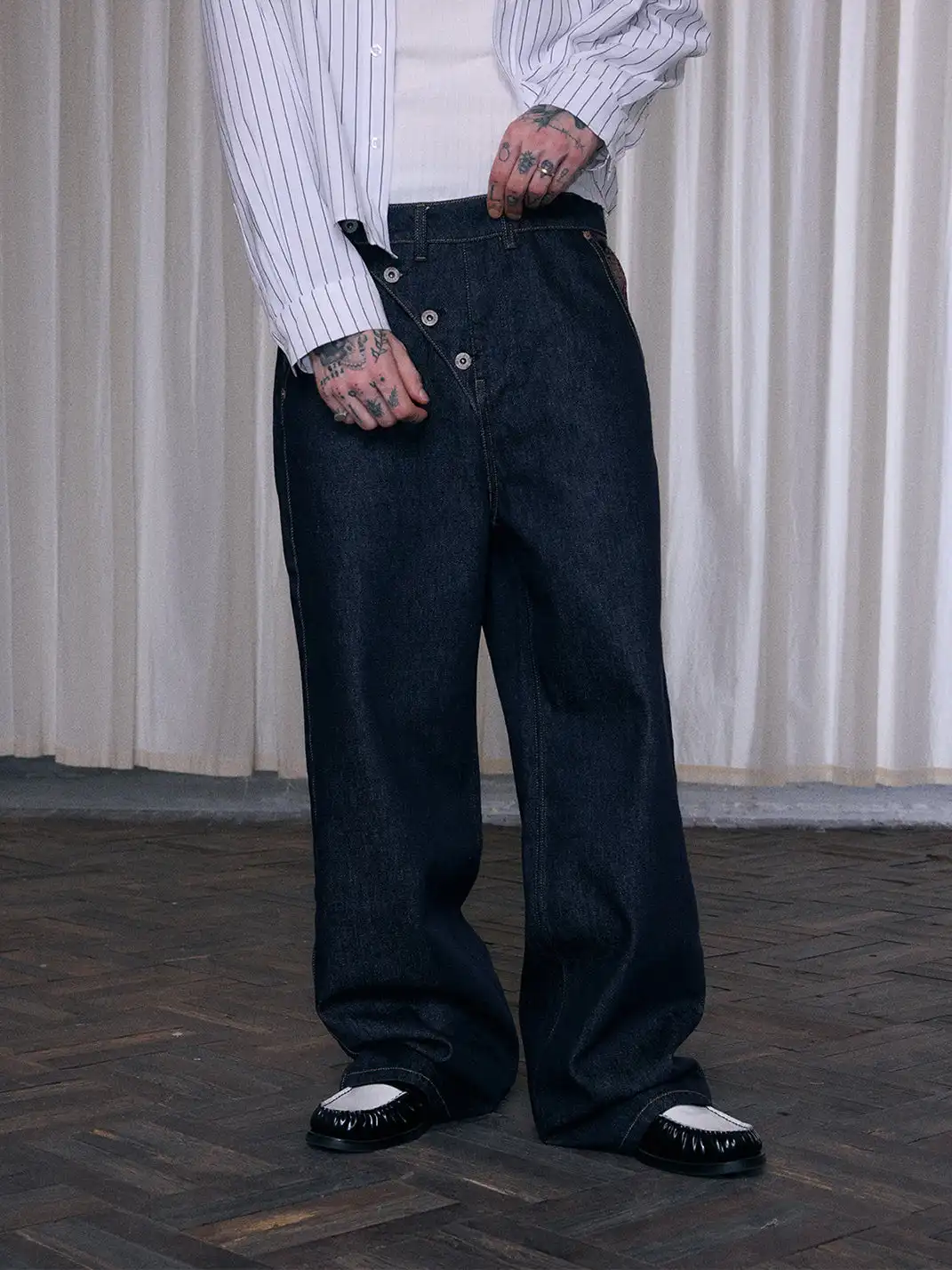 Ins Gale | Asymmetrical Plaid Patchwork Straight-Leg Jeans
