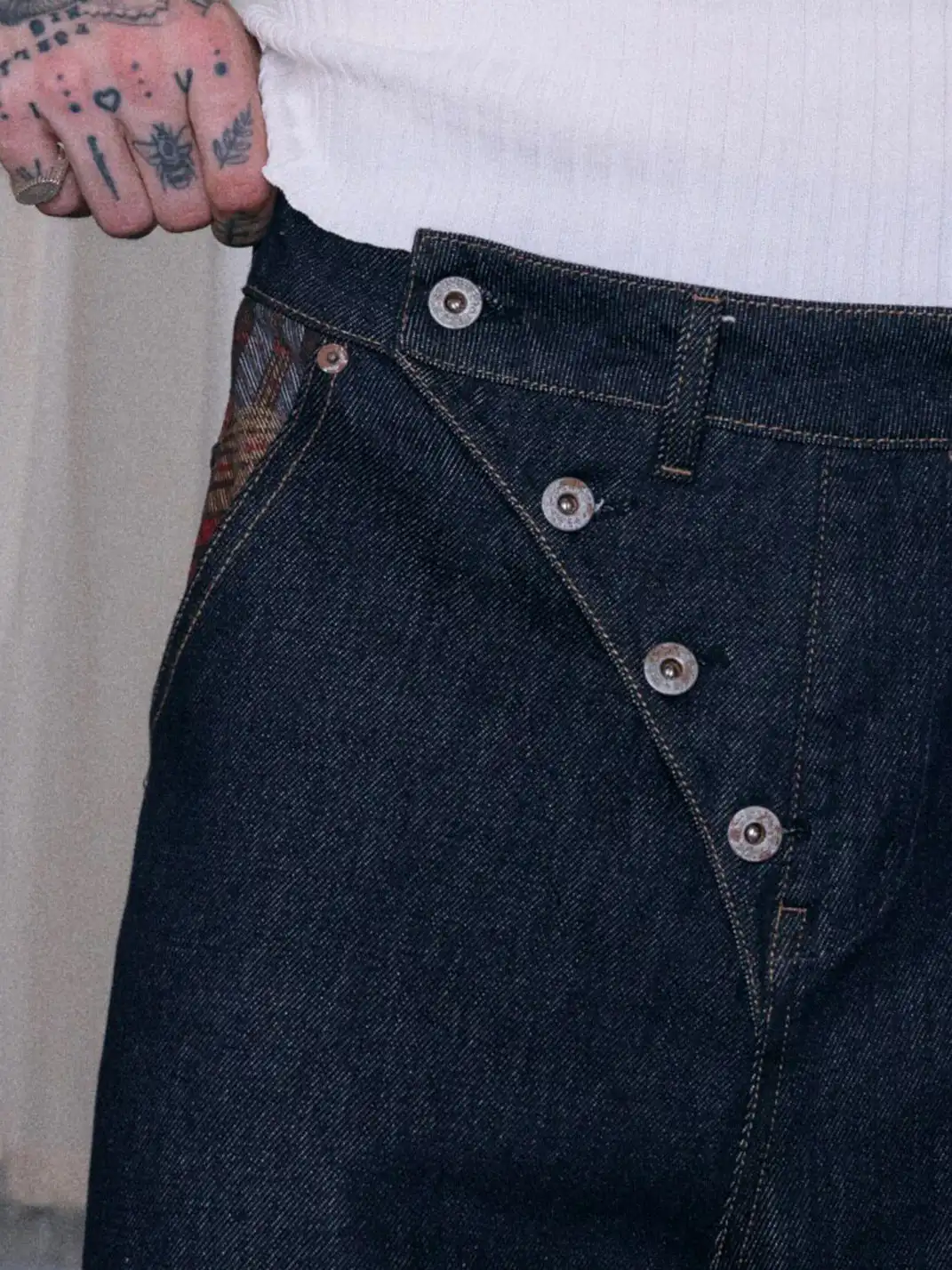 Ins Gale | Asymmetrical Plaid Patchwork Straight-Leg Jeans