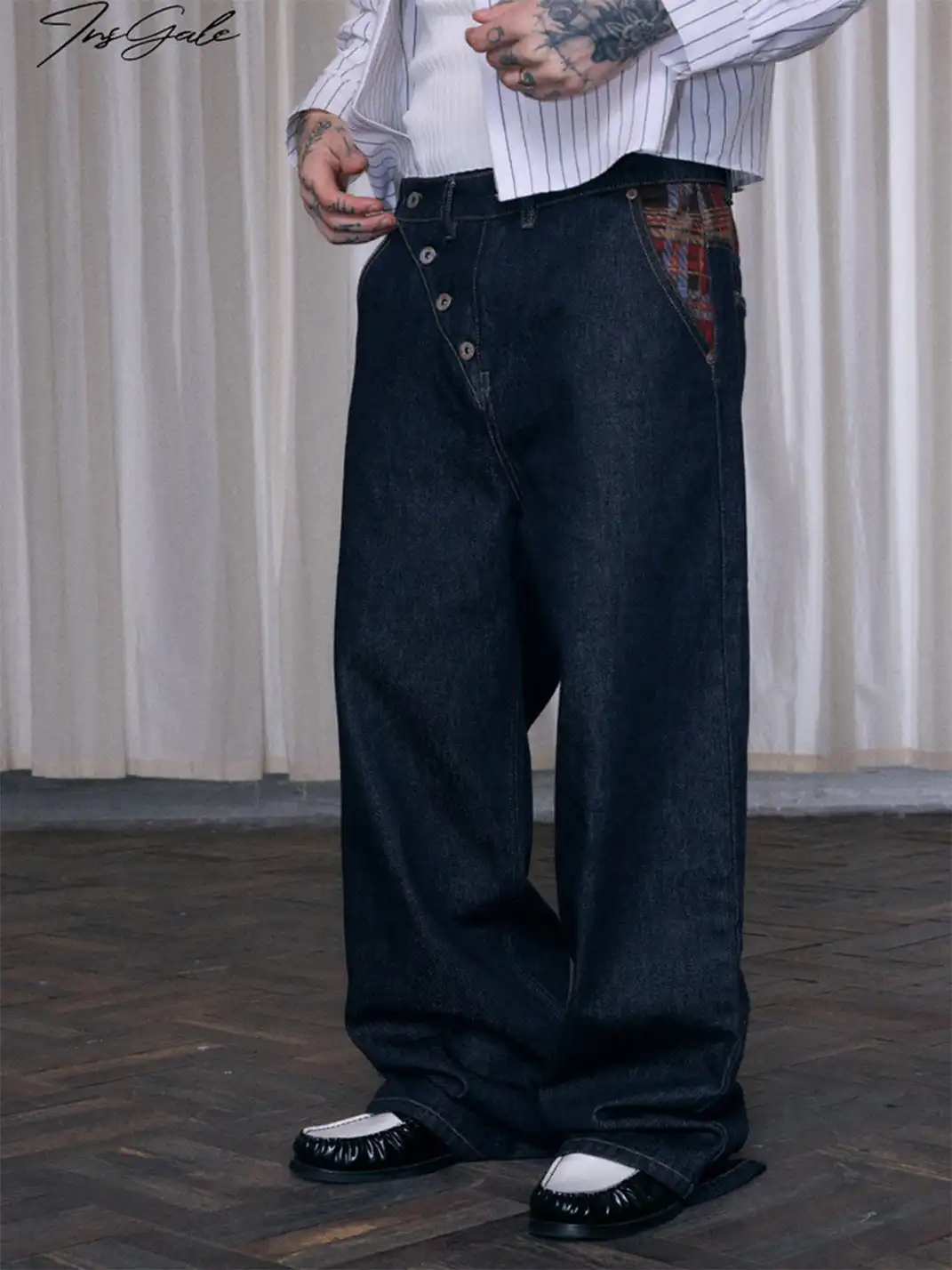 Ins Gale | Asymmetrical Plaid Patchwork Straight-Leg Jeans