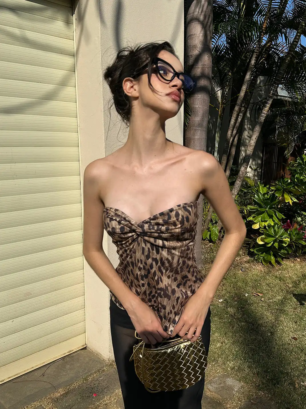 0122stepll | Leopard Print Backless Strapless Top