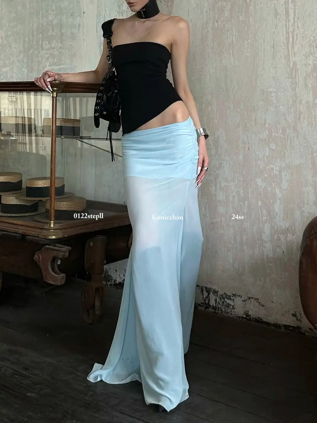 0122stepll | Mesh Fishtail Pencil Skirt