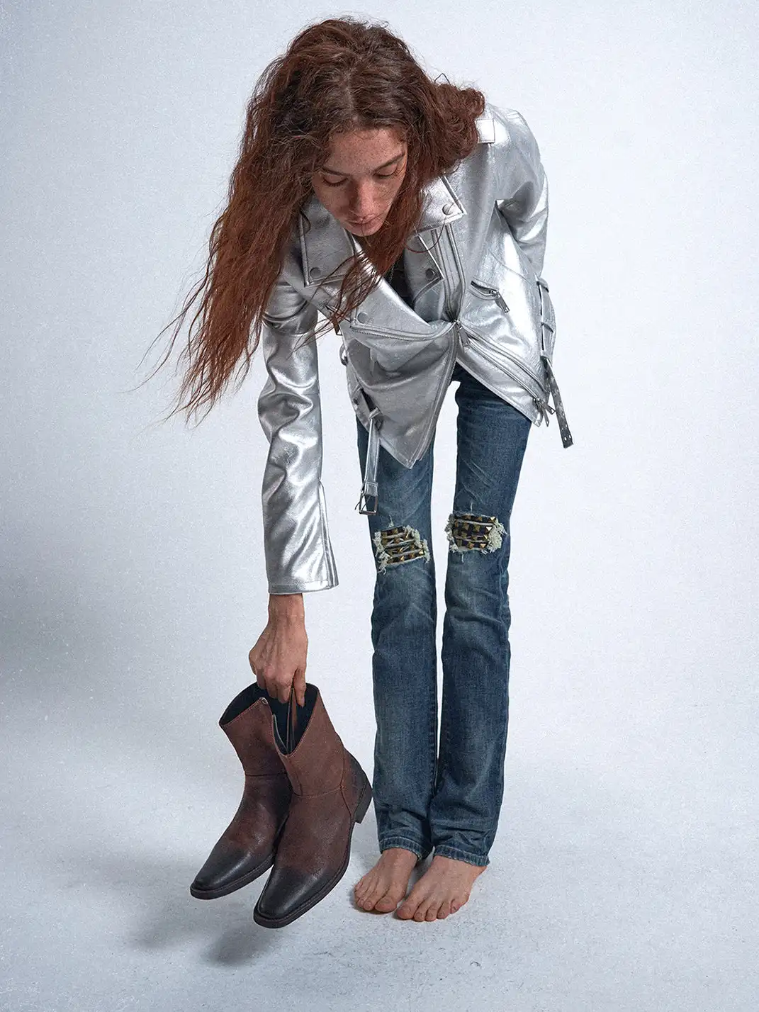 noEmosen | Distressed Patchwork Rivets Slim Fit Jeans