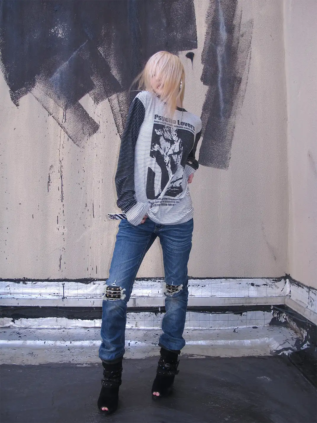noEmosen | Distressed Patchwork Rivets Slim Fit Jeans