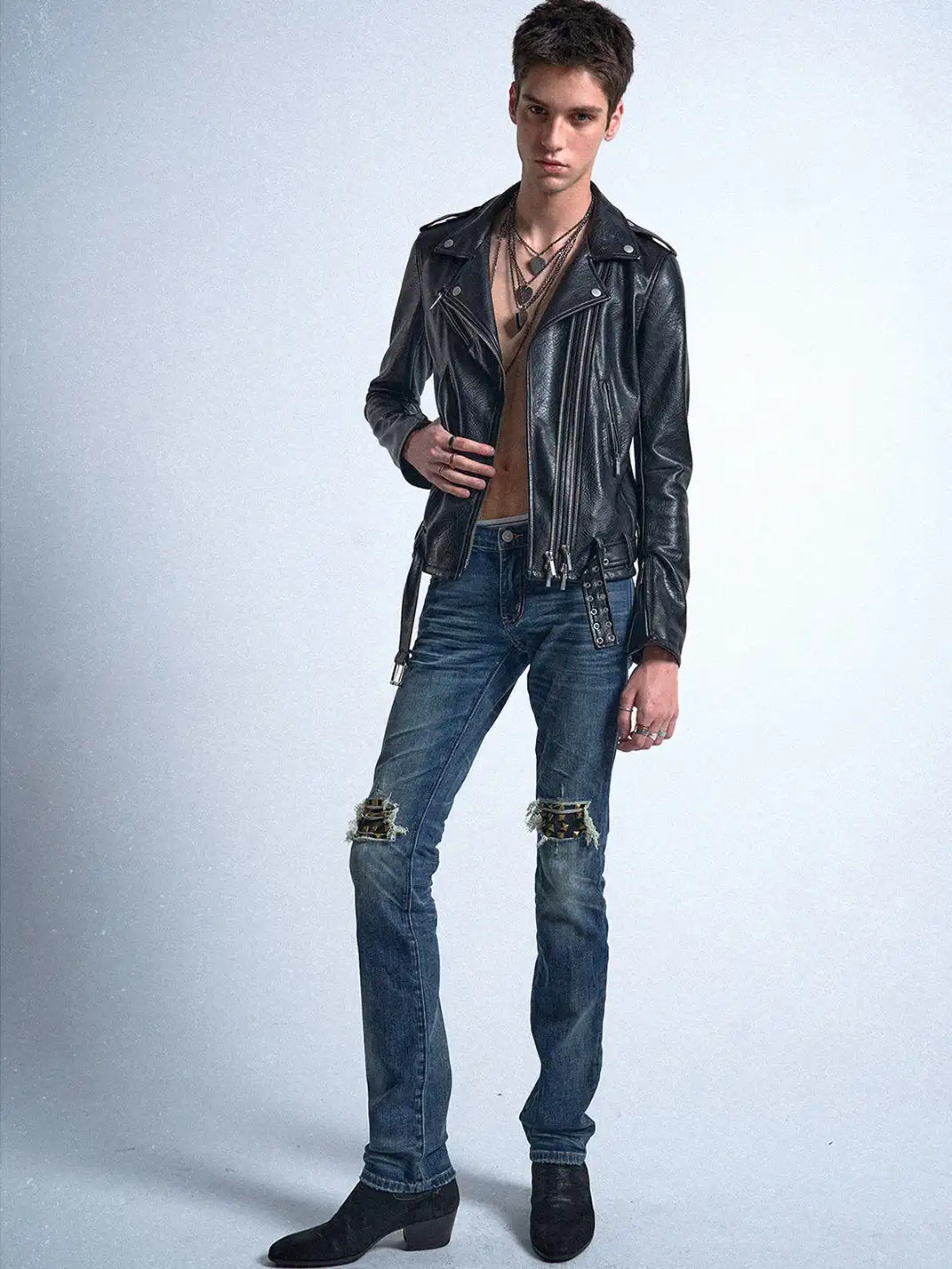noEmosen | Distressed Patchwork Rivets Slim Fit Jeans