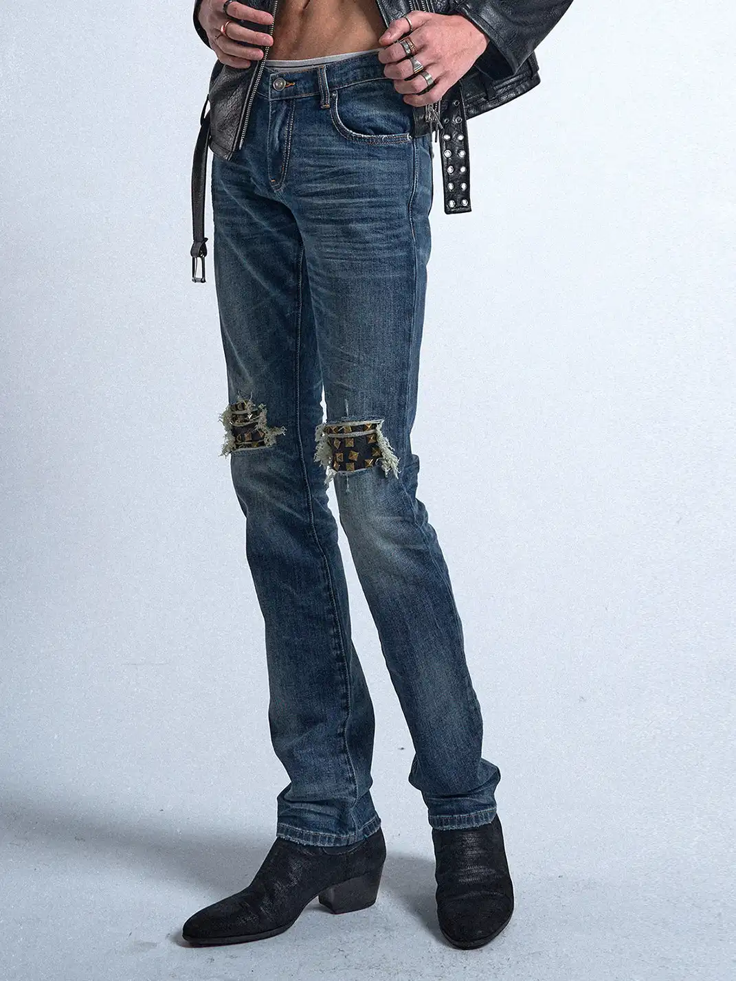noEmosen | Distressed Patchwork Rivets Slim Fit Jeans