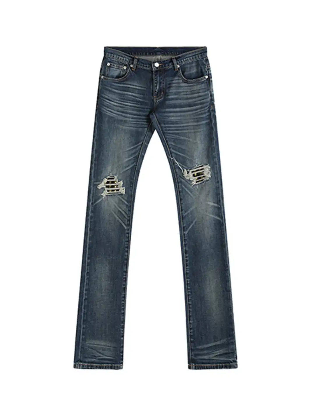 noEmosen | Distressed Patchwork Rivets Slim Fit Jeans