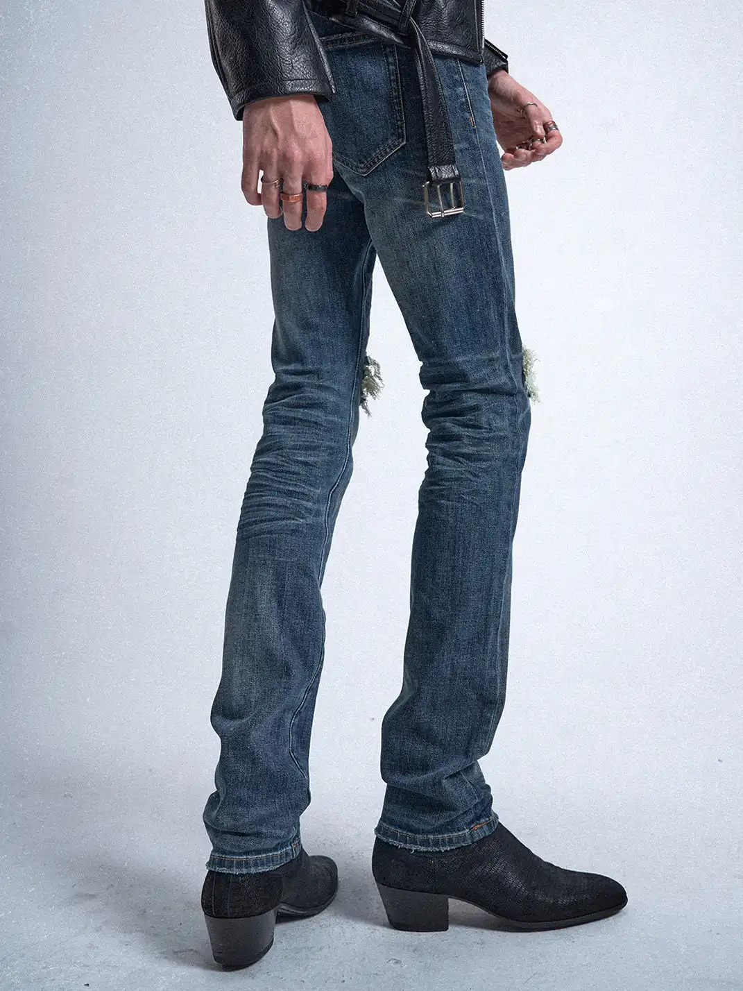 noEmosen | Distressed Patchwork Rivets Slim Fit Jeans