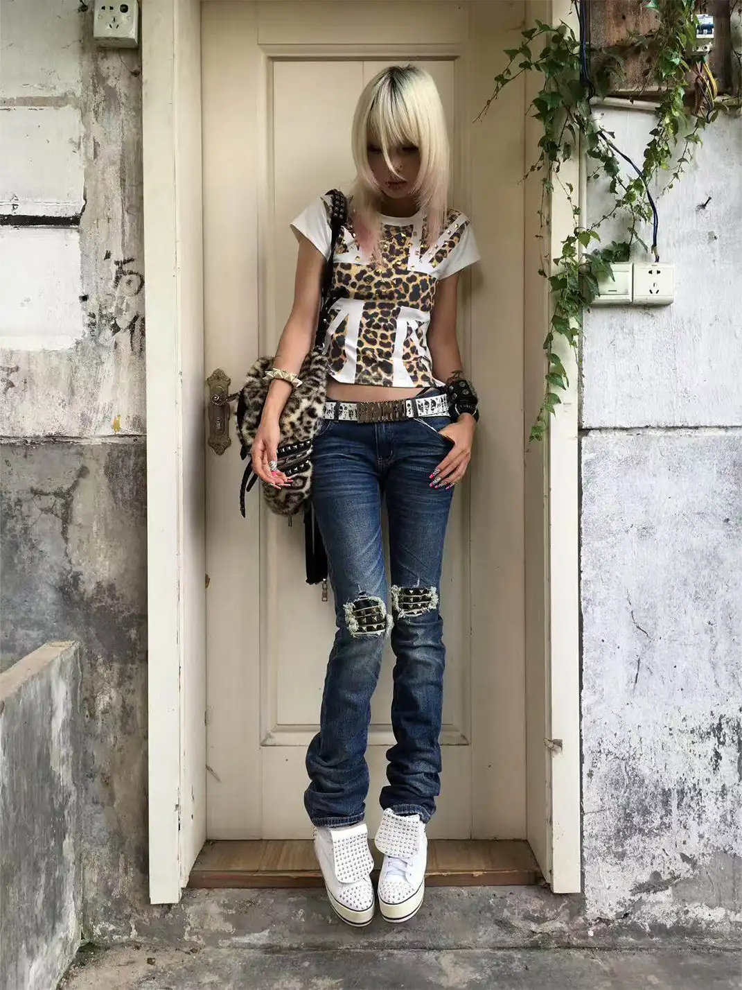 noEmosen | Distressed Patchwork Rivets Slim Fit Jeans