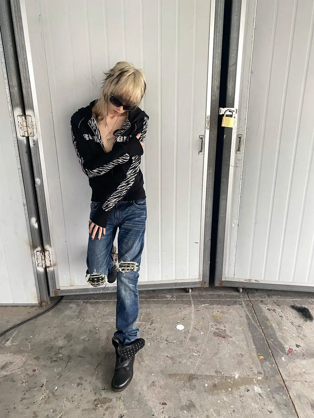 noEmosen | Distressed Patchwork Rivets Slim Fit Jeans