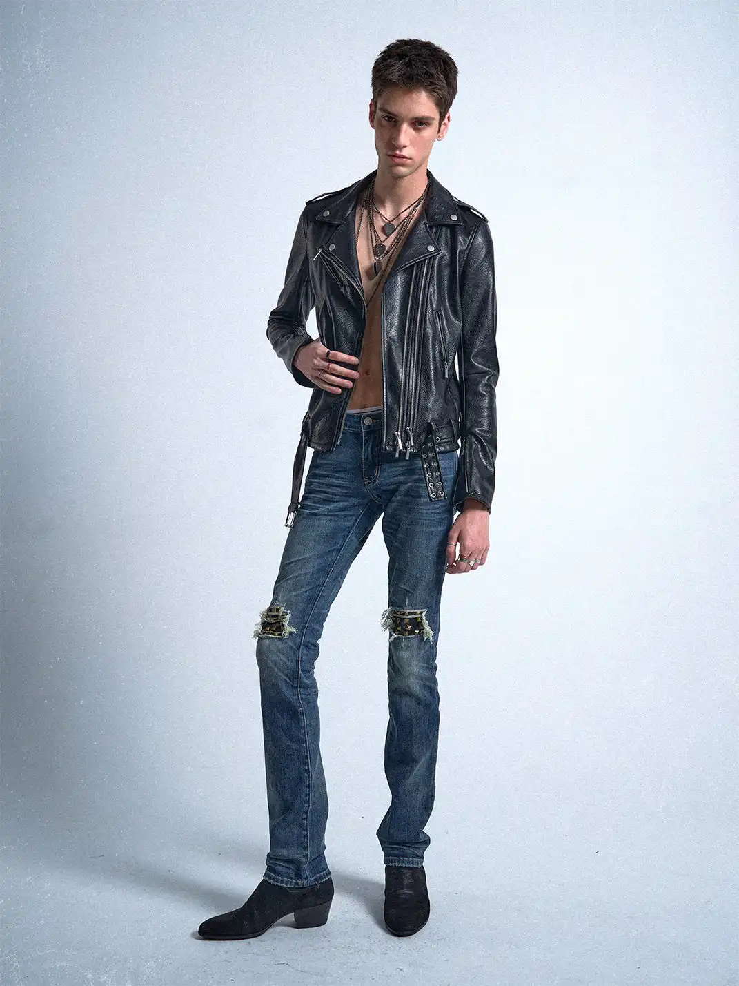 noEmosen | Distressed Patchwork Rivets Slim Fit Jeans