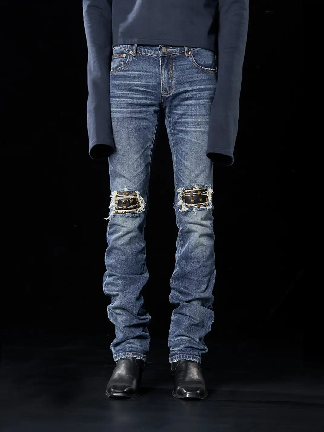 noEmosen | Distressed Patchwork Rivets Slim Fit Jeans