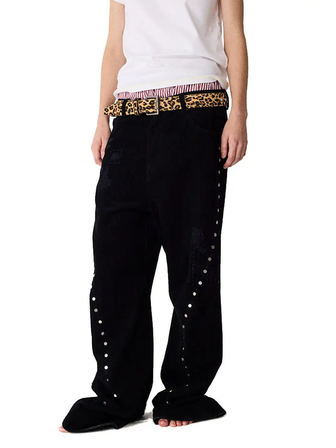 CRICLE CAGE | Genuine Leather Pearl Studded Double Needle Belt