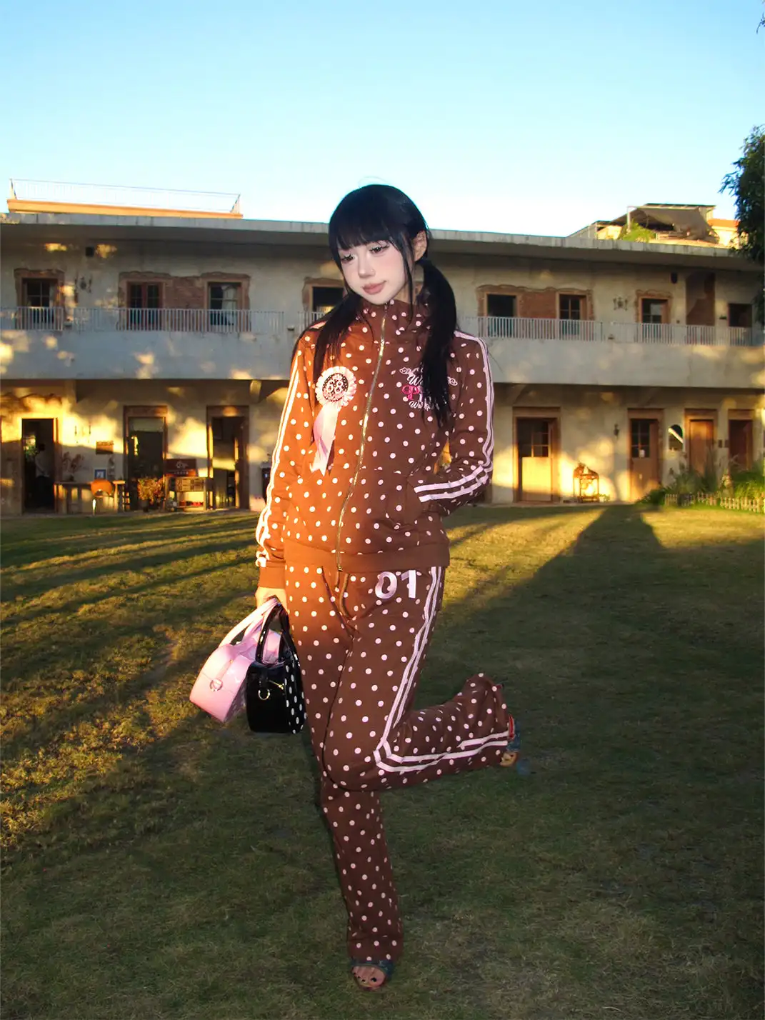 Riri Girls | Pink Polka Dot Y2K Brown Tracksuit