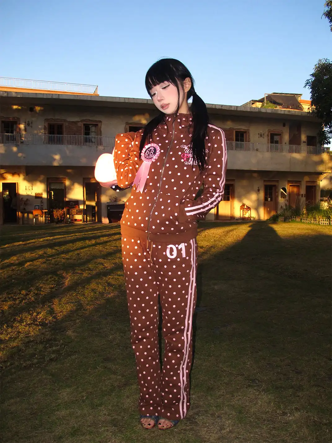 Riri Girls | Pink Polka Dot Y2K Brown Tracksuit