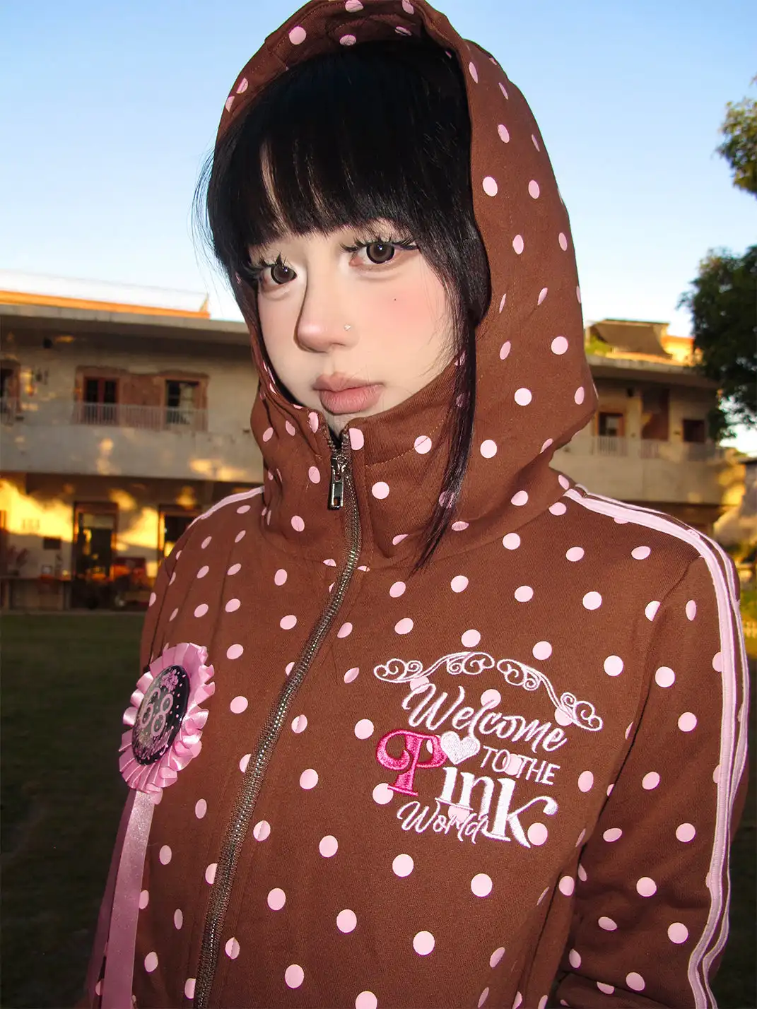 Riri Girls | Pink Polka Dot Y2K Brown Tracksuit