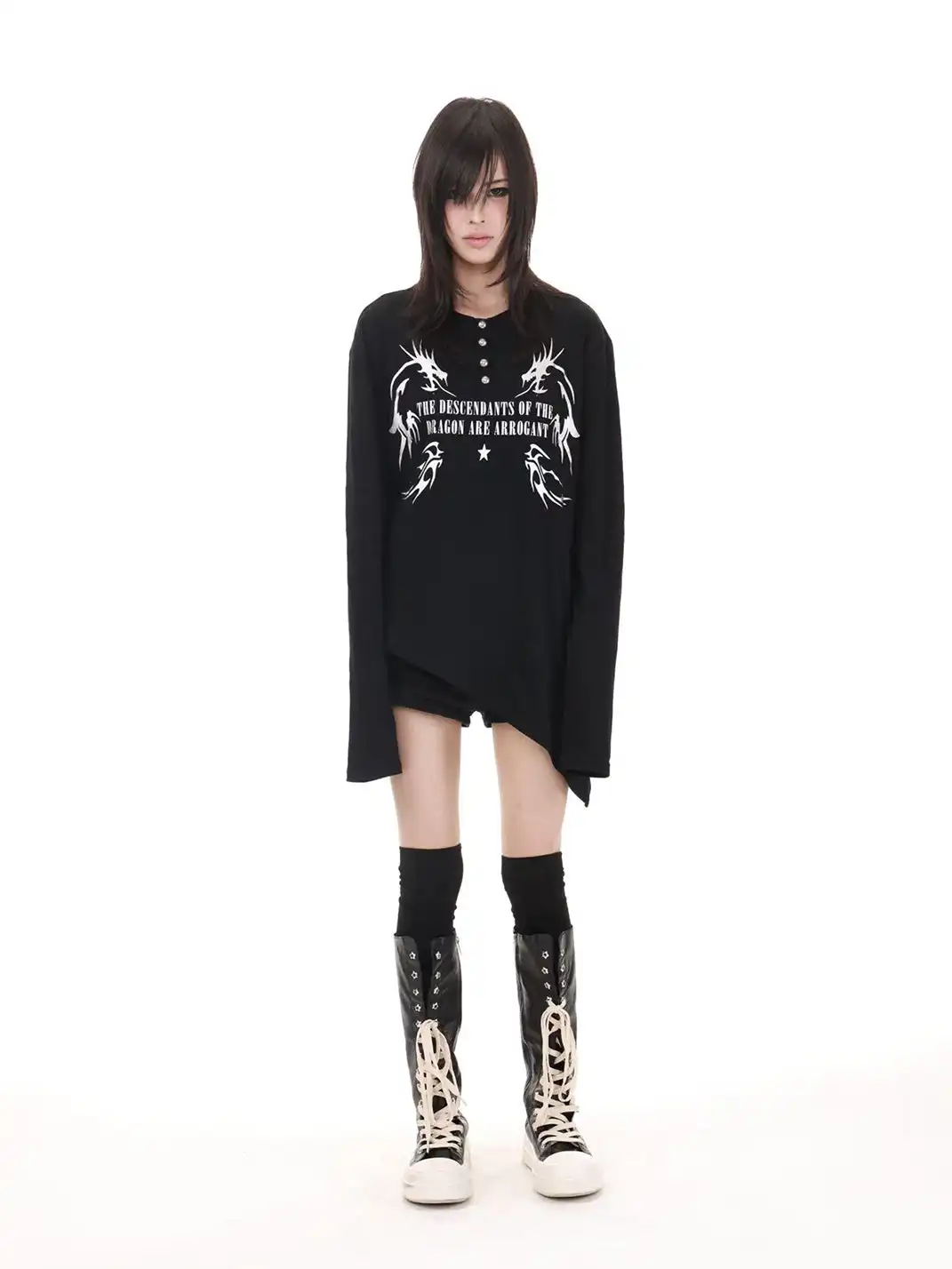 DETW | Asymmetric Dipped Hem Long Sleeve T-shirt