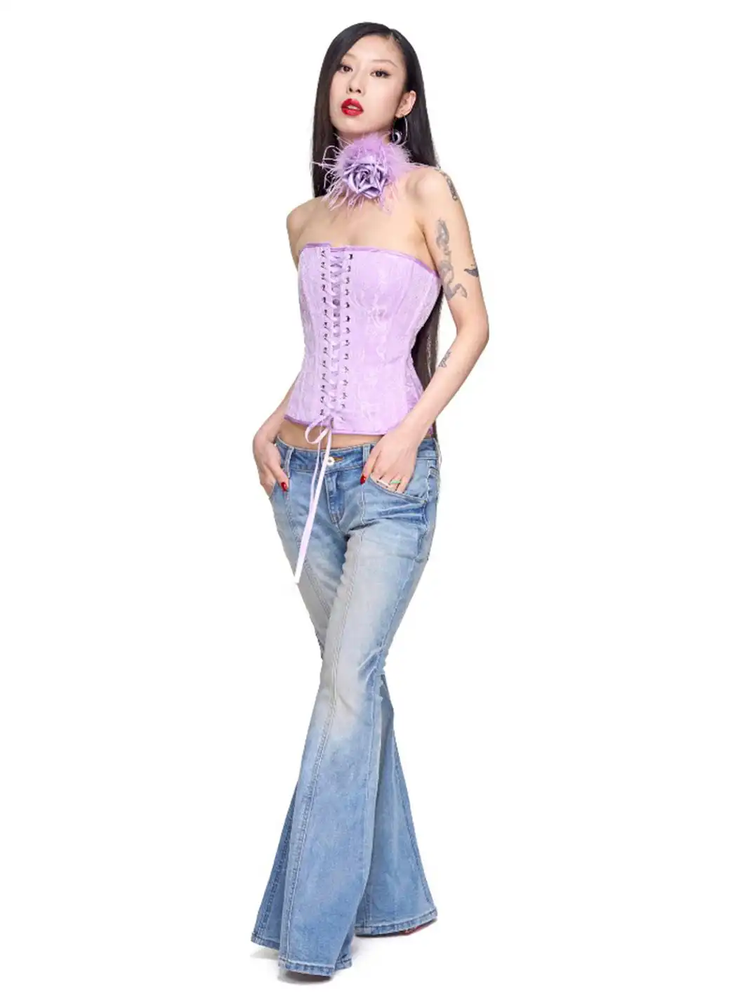 HuDieGongZhu | Lace-Up Rose Bustier With Boning
