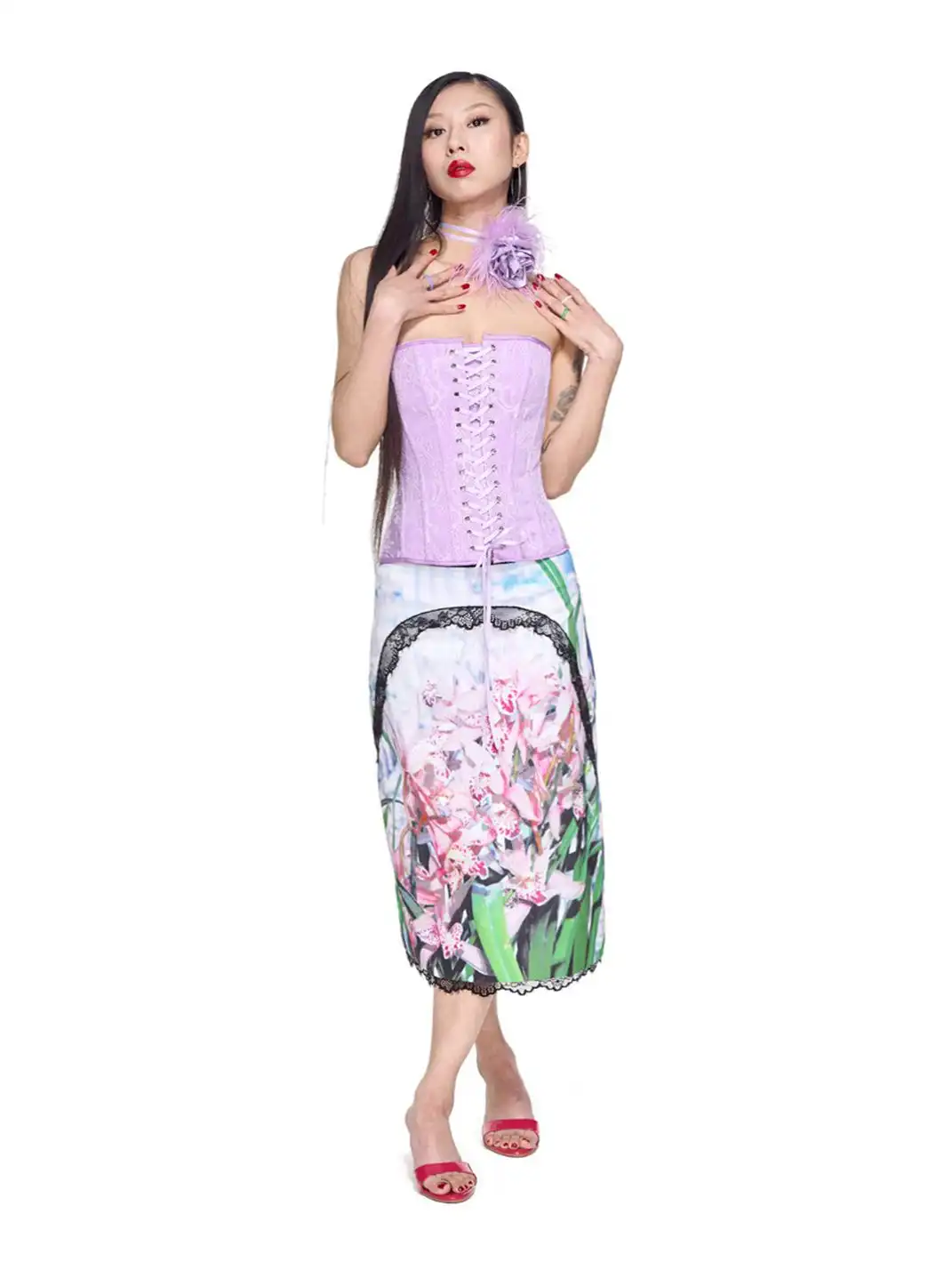HuDieGongZhu | Lace-Up Rose Bustier With Boning