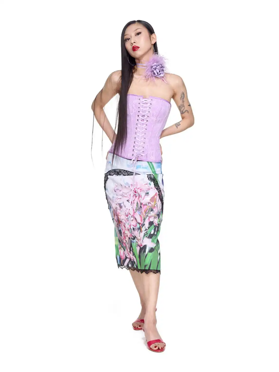HuDieGongZhu | Lace-Up Rose Bustier With Boning
