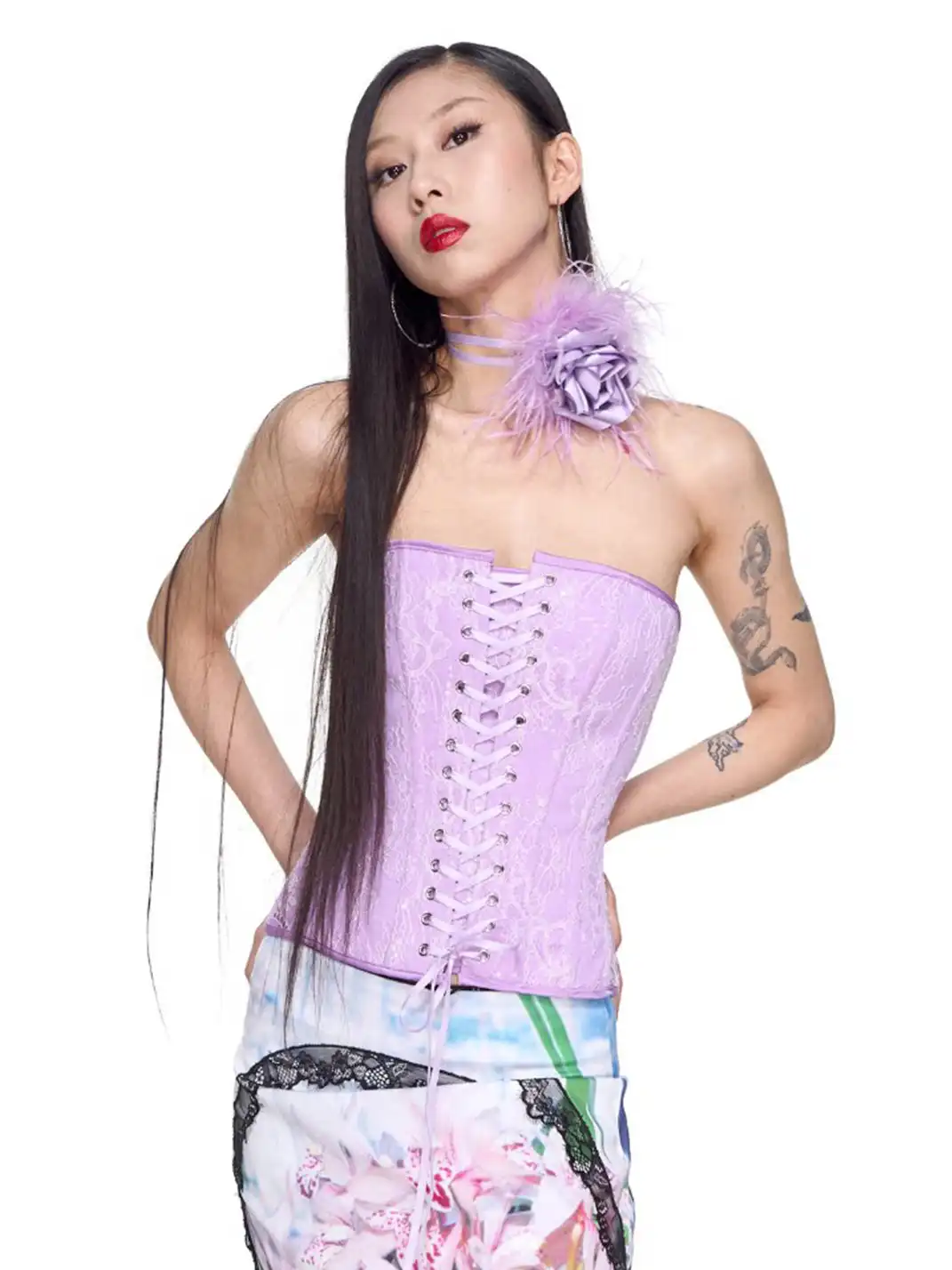 HuDieGongZhu | Lace-Up Rose Bustier With Boning