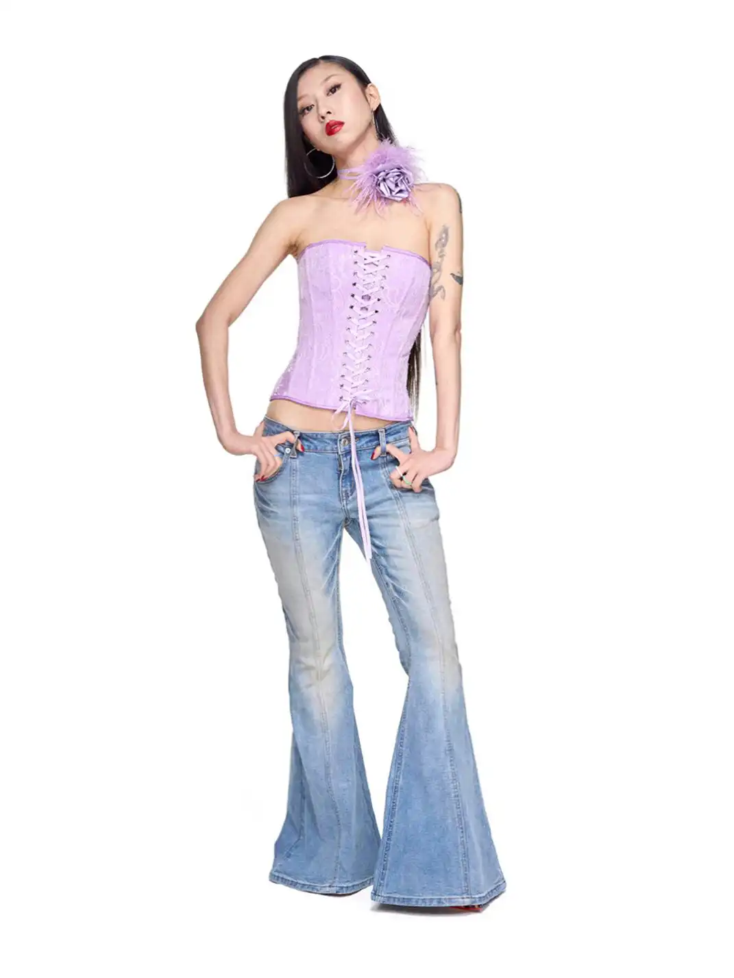 HuDieGongZhu | Lace-Up Rose Bustier With Boning