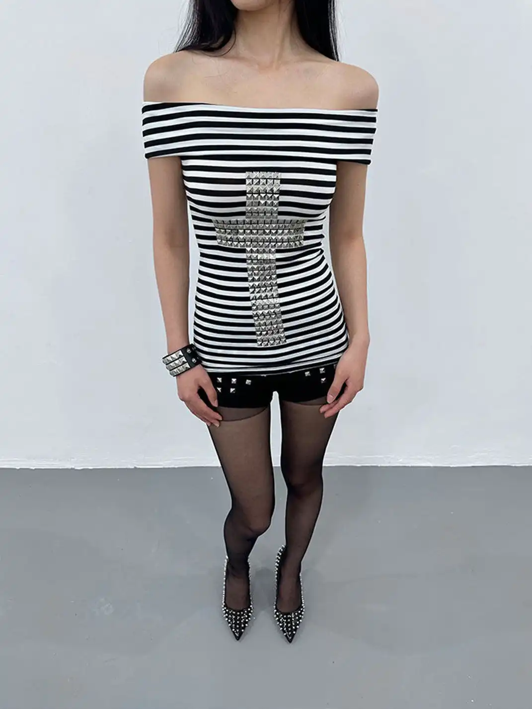 ArtByTastybabe | Cross Studded Striped Off-Shoulder Top