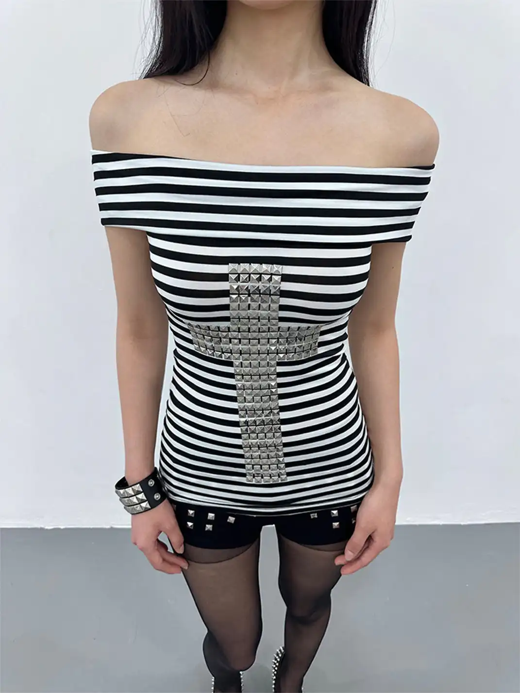 ArtByTastybabe | Cross Studded Striped Off-Shoulder Top