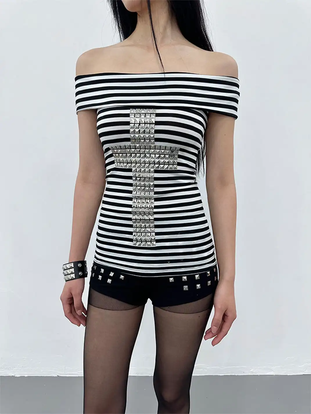 ArtByTastybabe | Cross Studded Striped Off-Shoulder Top