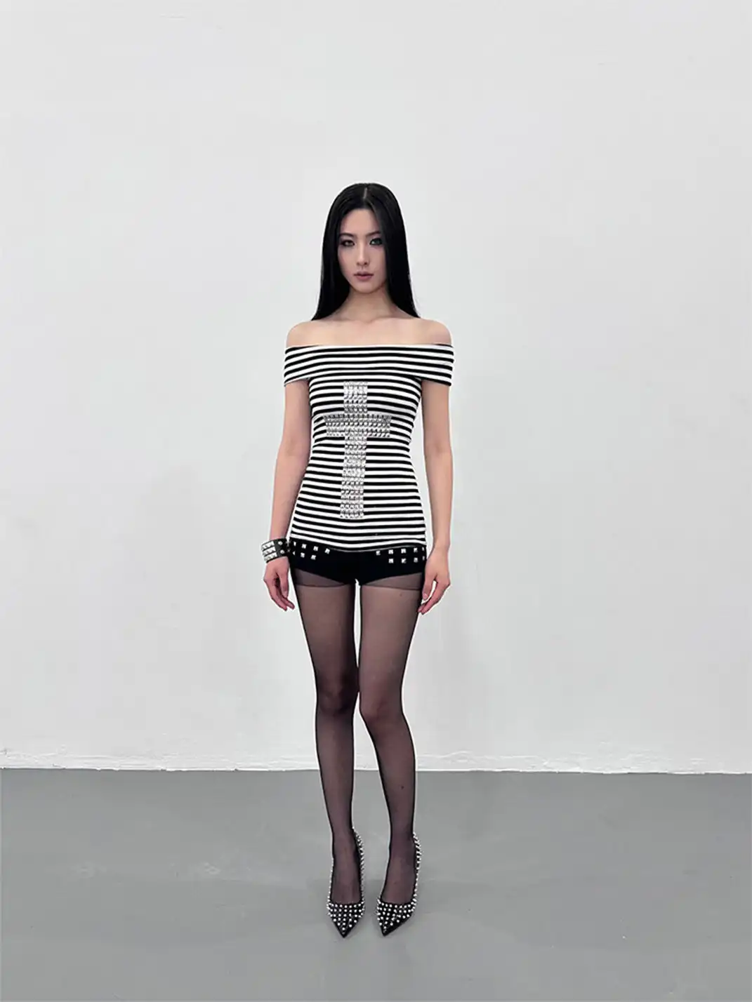 ArtByTastybabe | Cross Studded Striped Off-Shoulder Top