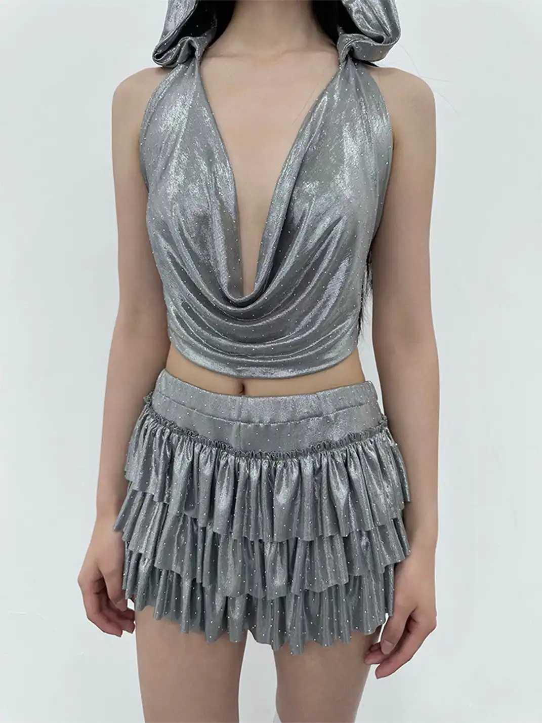 ArtByTastybabe | Draped Neck Halter Rhinestone Top & Skirt Set