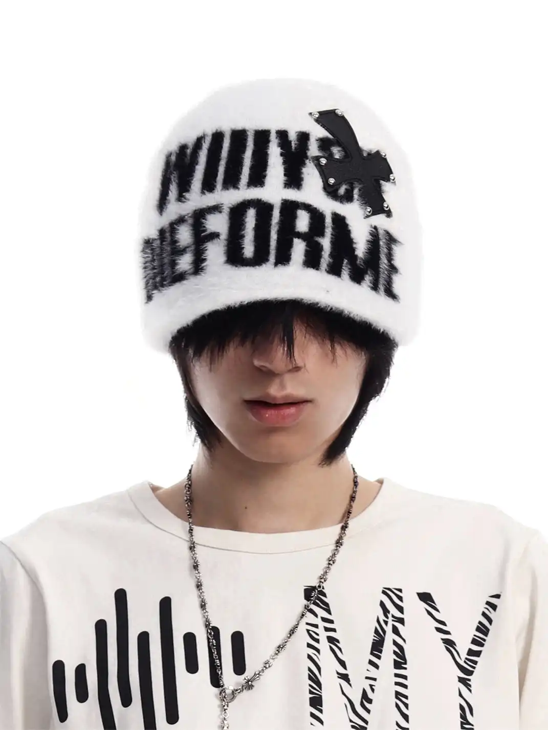SEXXDEVIL | Studded Cross Leather Patch Jacquard Beanie