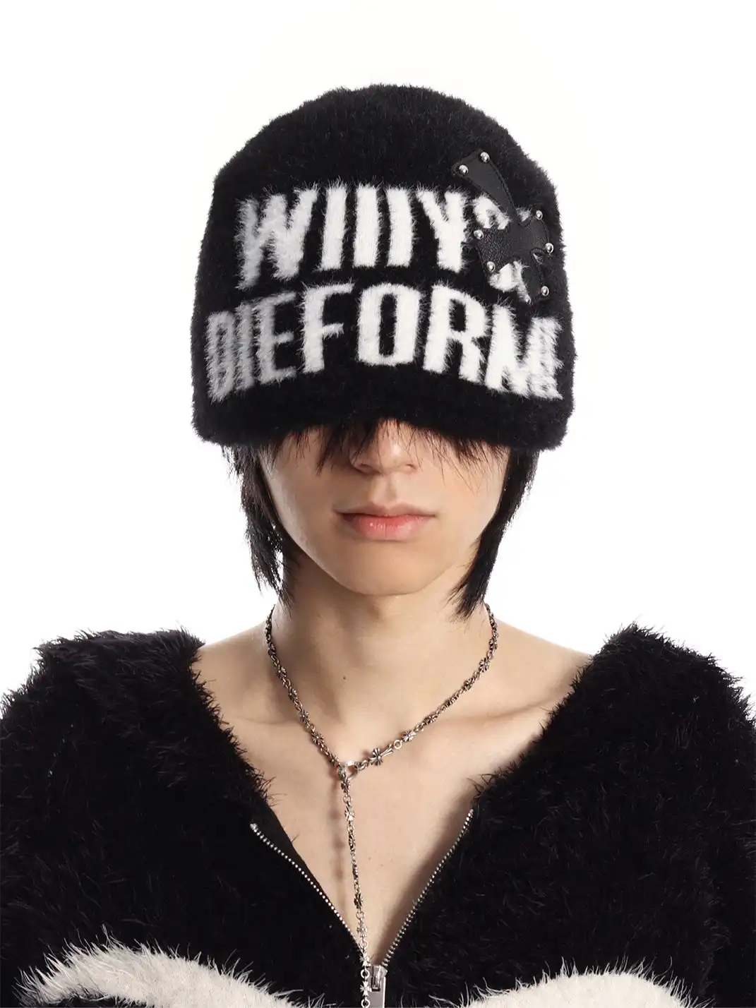 SEXXDEVIL | Studded Cross Leather Patch Jacquard Beanie