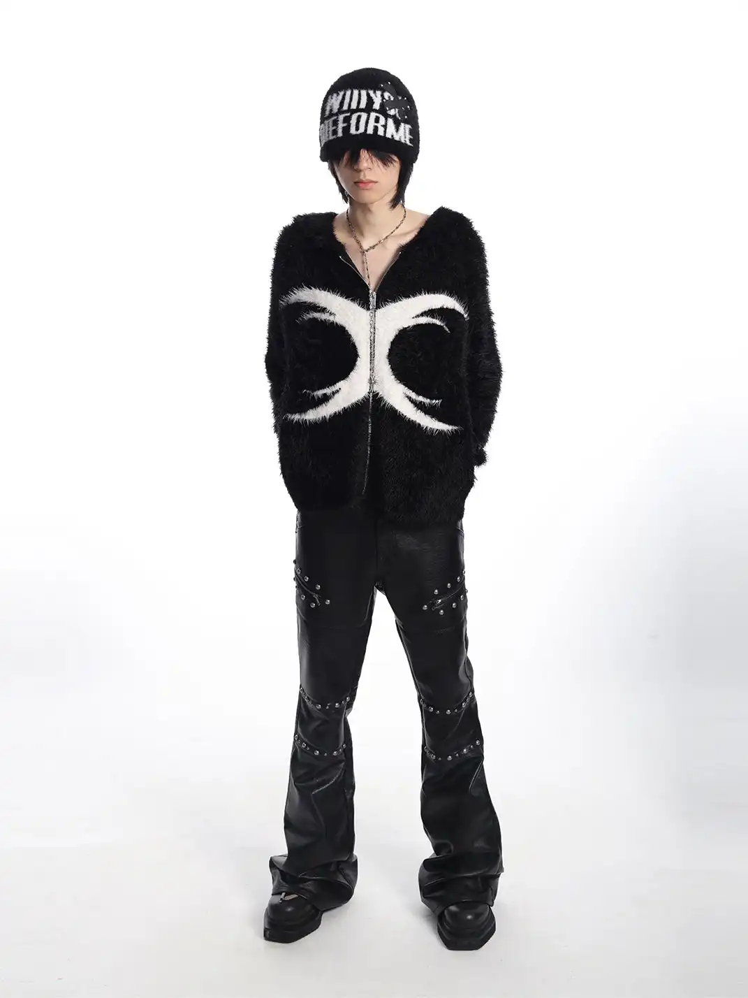 SEXXDEVIL | Studded Cross Leather Patch Jacquard Beanie